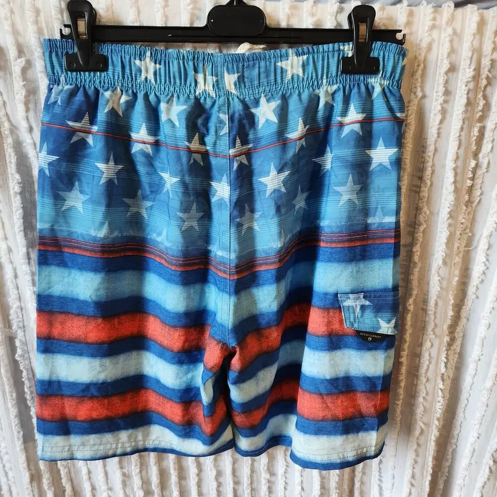 Ocean Current Blue & Red Star Stripe Men's Swim Board Shorts